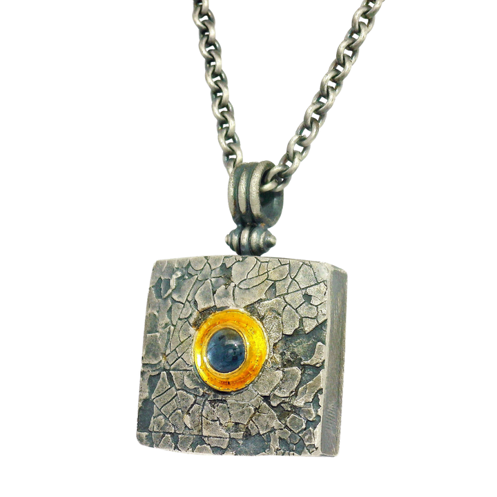 Blue Montana Sapphire, Silver & Gold Necklace - "Mini Square"