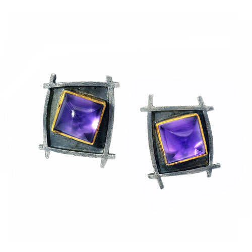 Amethyst, 22K & Sterling Silver Stud Earrings- "Shoji Sugarloaf"