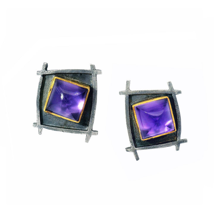 Amethyst, 22K & Sterling Silver Stud Earrings- "Shoji Sugarloaf"