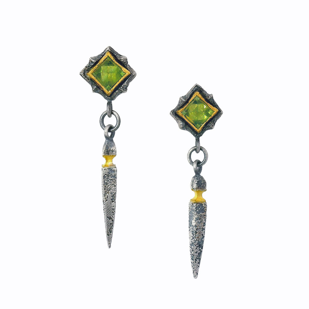 Square-cut green tourmaline drop earrings with oxidized silver and 22K gold by Michael Jensen
