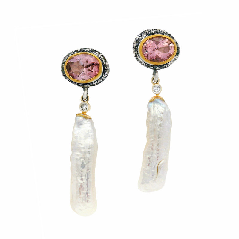 Freshwater Pearl Drop Earrings with Pink Tourmaline - "Vetus Quiet Waters"