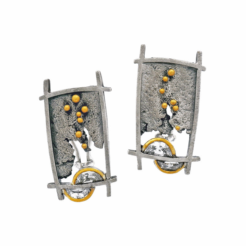 Half-moon diamond earrings with textured silver Shoji frame and gold accents
