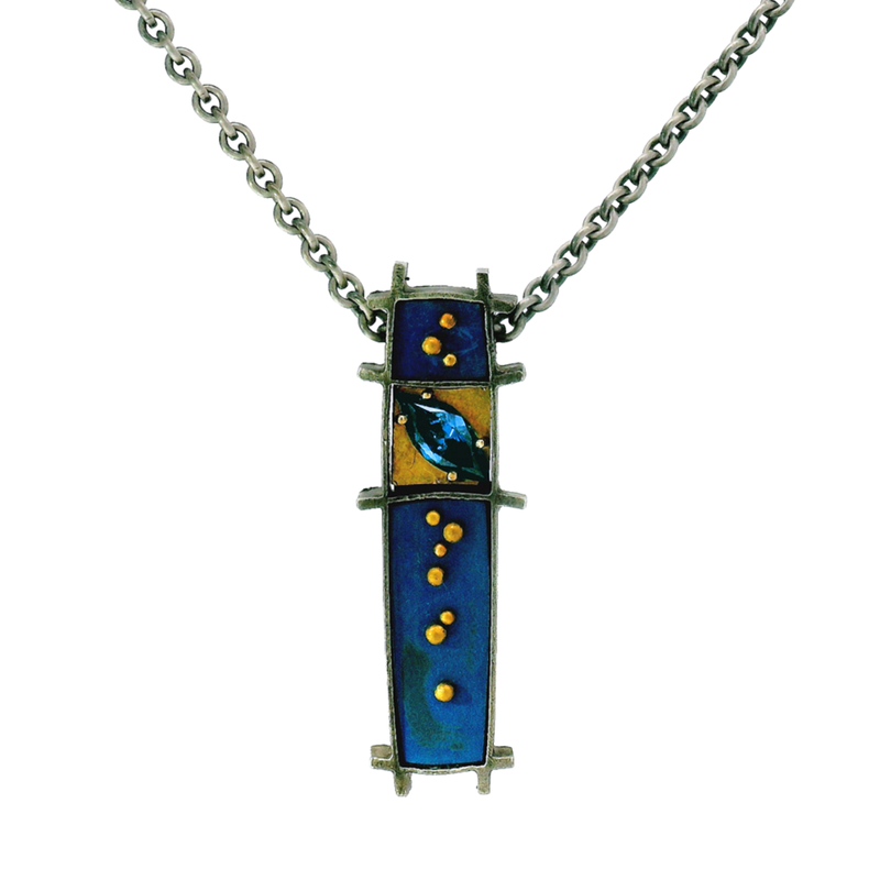 Diamond, Sterling Silver, & Gold Enamel Necklace - "3 Box"