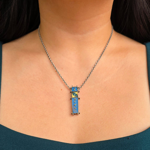 Diamond, Sterling Silver, & Gold Enamel Necklace - "3 Box"