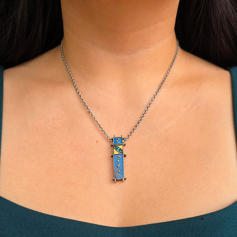 Diamond, Sterling Silver, & Gold Enamel Necklace - "3 Box"