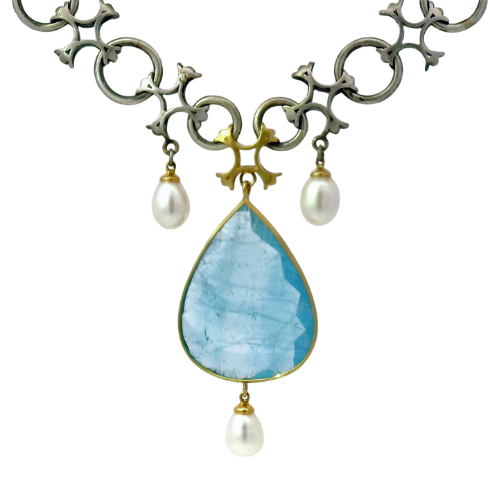 Aquamarine & Akoya Pearl Necklace - "Aquitaine"