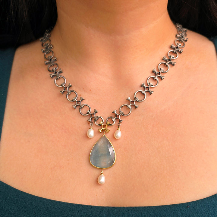 Aquamarine & Akoya Pearl Necklace - "Aquitaine"