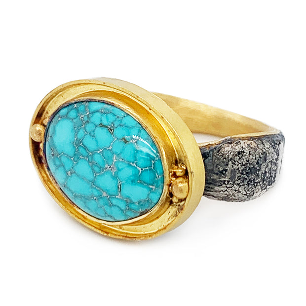 Turquoise, 22K Yellow Gold & Sterling Silver Ring - "Vetus"