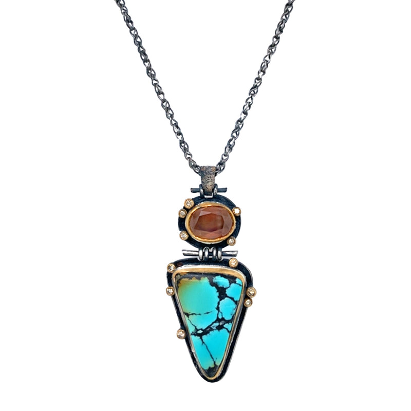Turquoise, Cassiterite, & Diamond Necklace - "Western Sky"