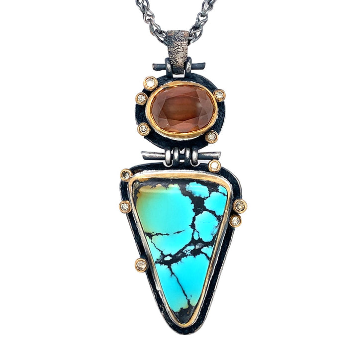 Turquoise, Cassiterite, & Diamond Necklace - "Western Sky"