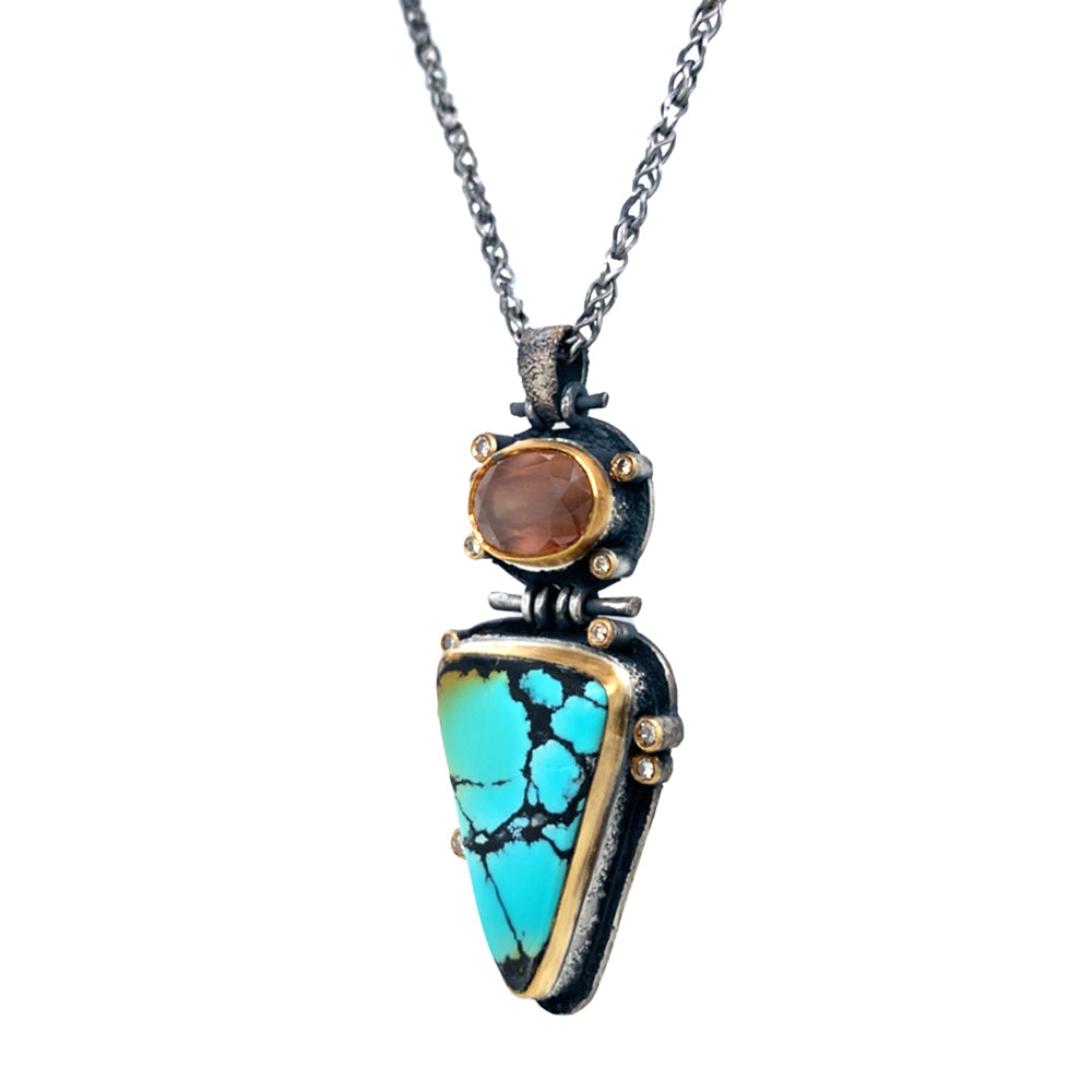 Turquoise, Cassiterite, & Diamond Necklace - "Western Sky"