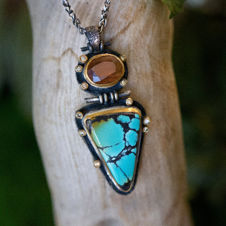 Turquoise, Cassiterite, & Diamond Necklace - "Western Sky"