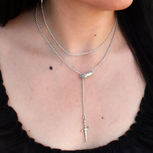 Sterling Silver Dagger & Gauntlet Lariat Necklace - "Misericord"