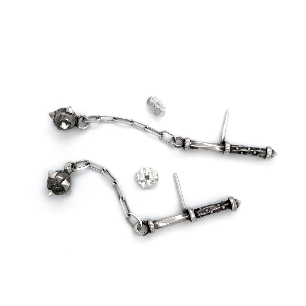 Sterling Silver Medieval Weapon Earrings - "Swinging Morningstar"