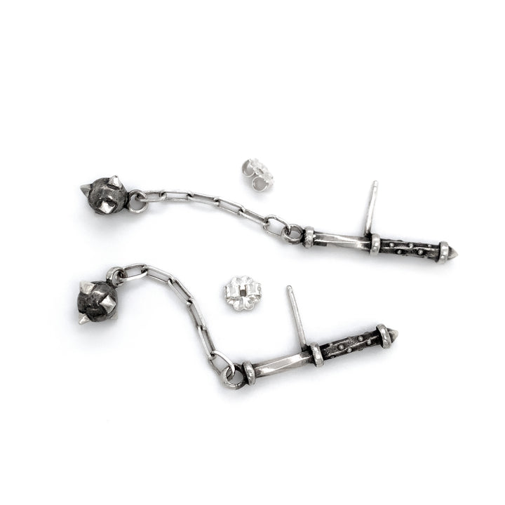 Sterling Silver Medieval Weapon Earrings - "Swinging Morningstar"