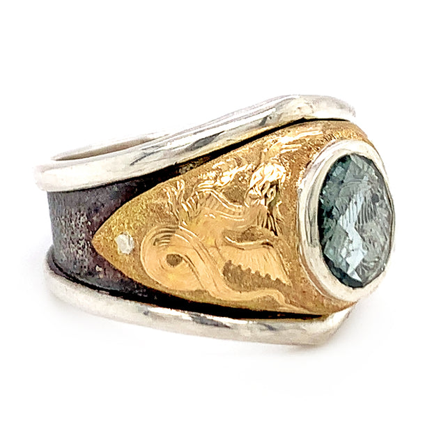 Montana Sapphire, Sterling Silver & Yellow Gold Ring - "Le Morte d'Arthur"