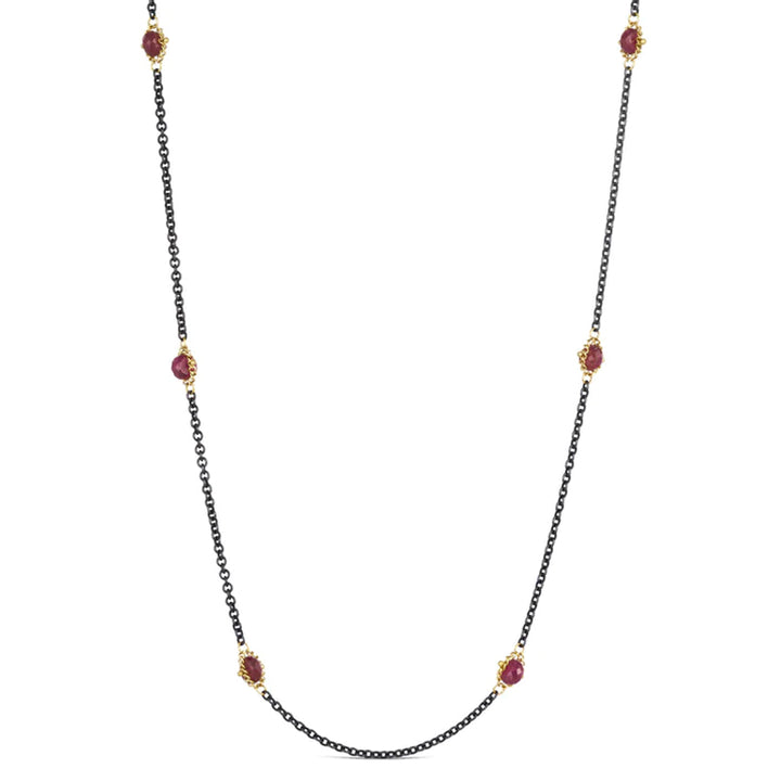 Faceted Ruby Silver & Gold Station Necklace - "Islands of Ruby"