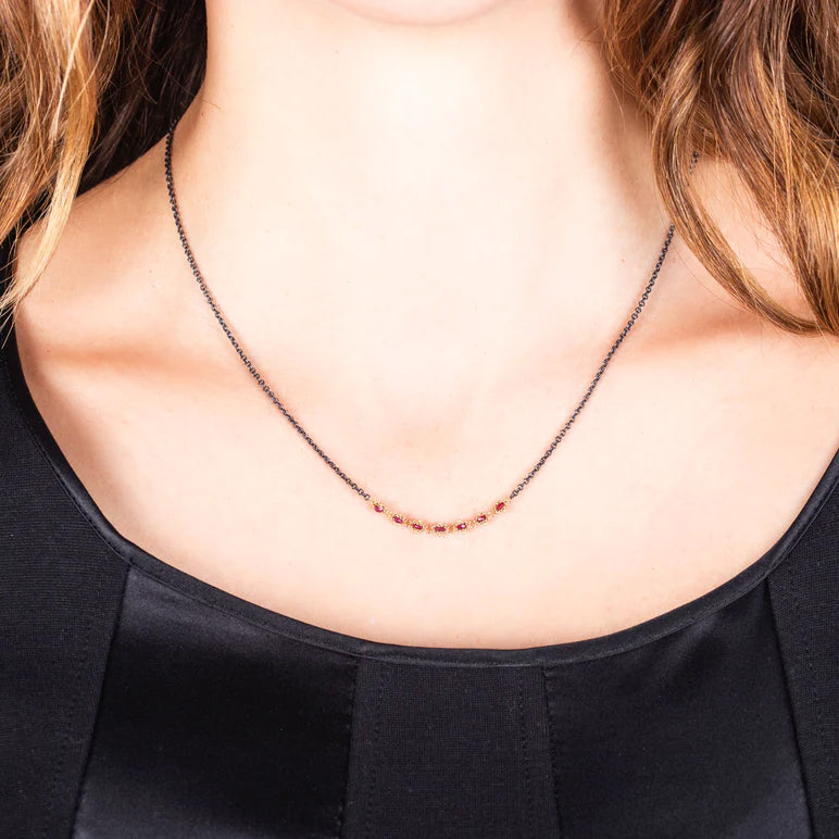 Ruby Rondelle Oxidized Sterling Silver & Gold Necklace - "Centered Textile"