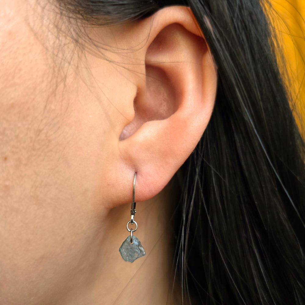 Rough Montana Sapphire & White Gold Lever Back Earrings - "Icy Fog"