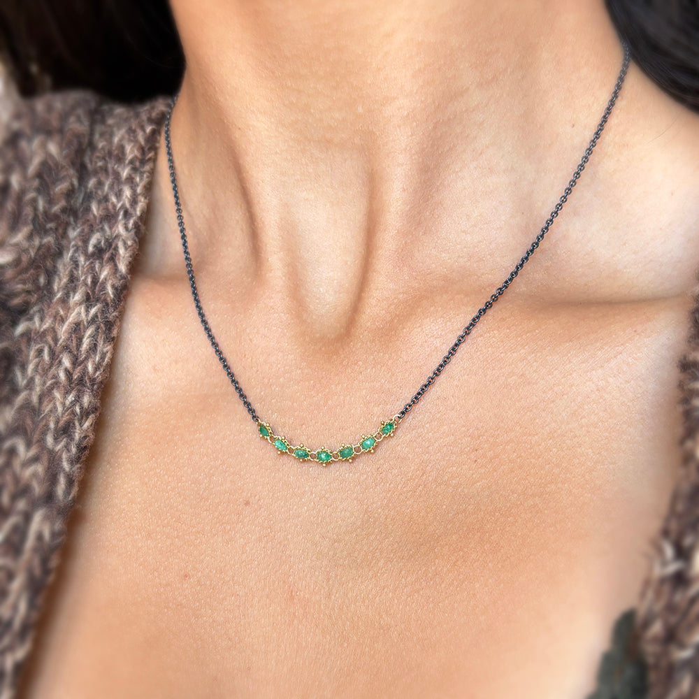 Oxidized Sterling Silver, Gold, & Emerald Rondelle Necklace - "Emerald Lake"