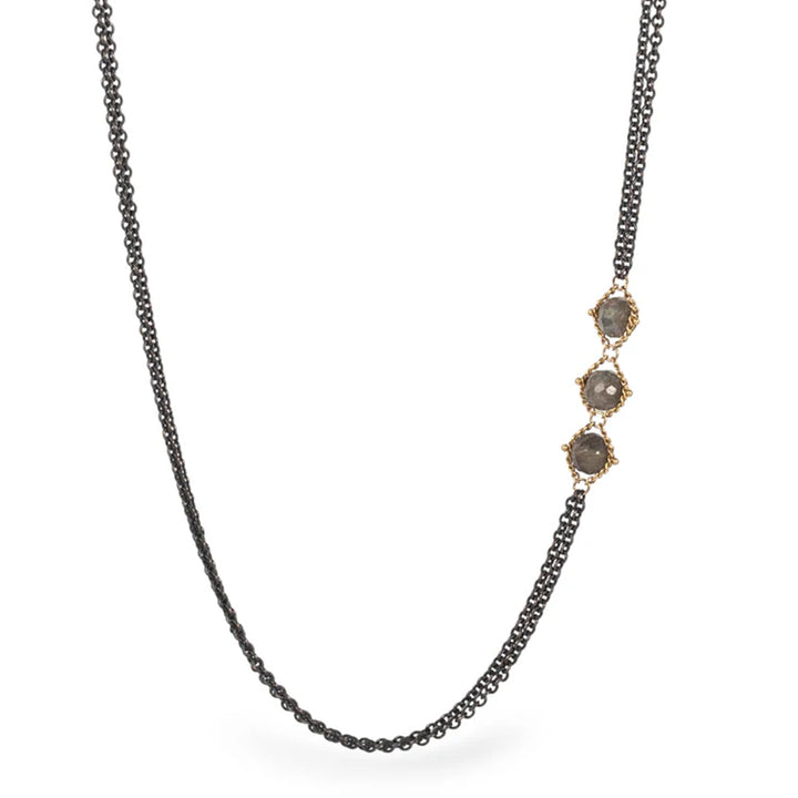 Labradorite Rondelle, Silver & Gold Station Necklace - "Claramay"
