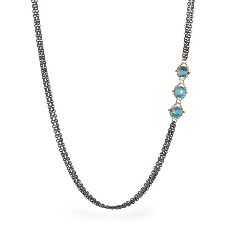 London Blue Topaz Rondelle Necklace - "Triple Textile"