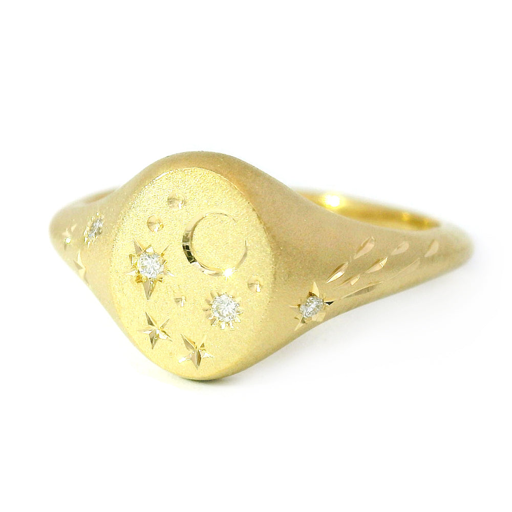 Diamond & Yellow Gold Celestial Ring - "Mini Signet Oval"