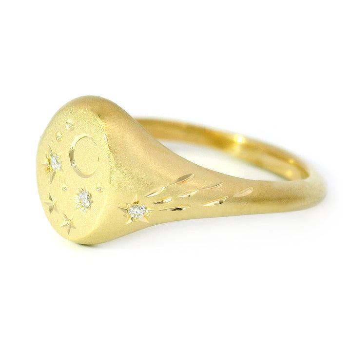 Diamond & Yellow Gold Celestial Ring - "Mini Signet Oval"