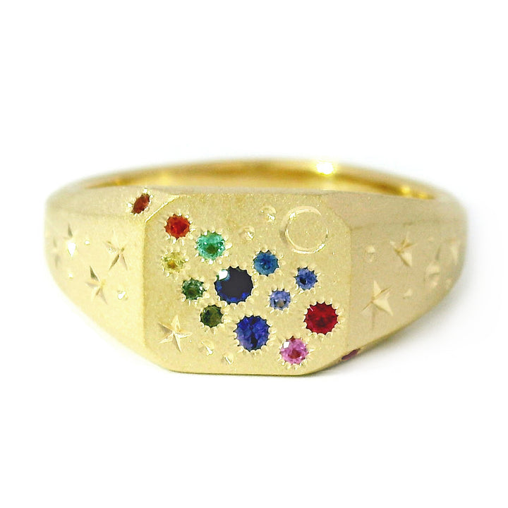 Rainbow Sapphire & Yellow Gold Signet Ring - "Rainbow Cut-Corner"