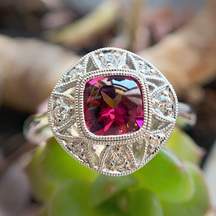 White Gold Diamond and Rhodolite Ring