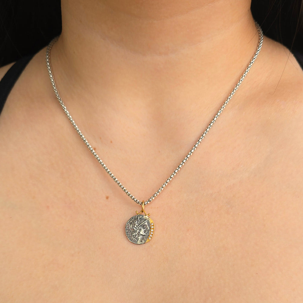 Diamond, Yellow Gold & Silver Coin Pendant - "Roman Soldier"