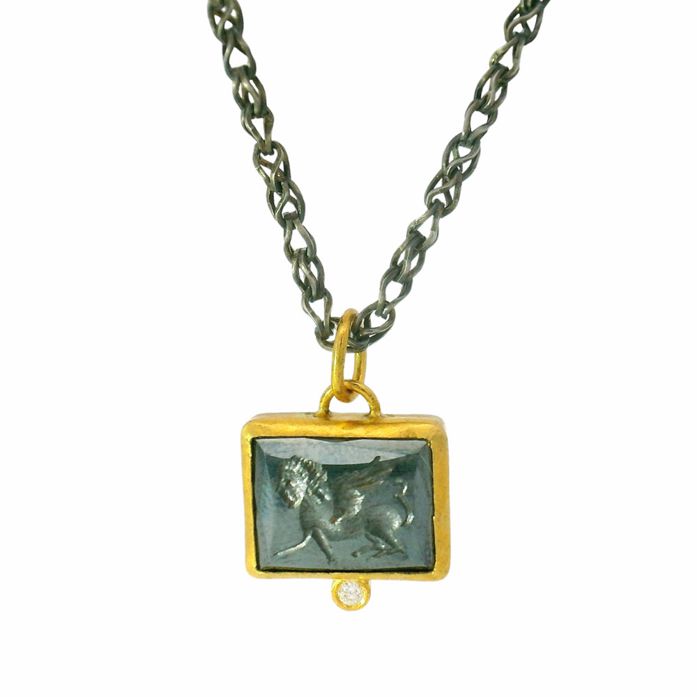 Hematite, Silver, Yellow Gold & Diamond Pendant - "Intaglio Storm"