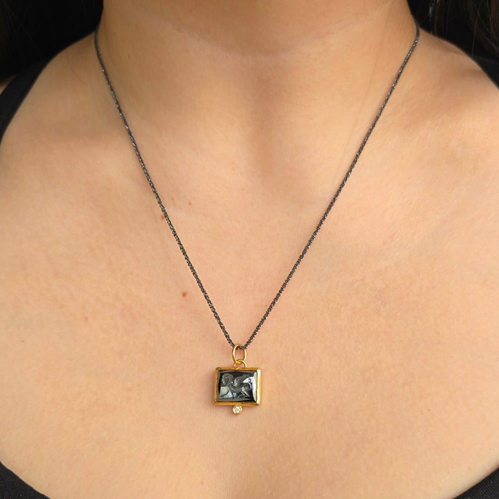 Hematite, Silver, Yellow Gold & Diamond Pendant - "Intaglio Storm"