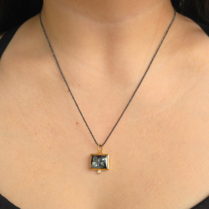 Hematite, Silver, Yellow Gold & Diamond Pendant - "Intaglio Storm"