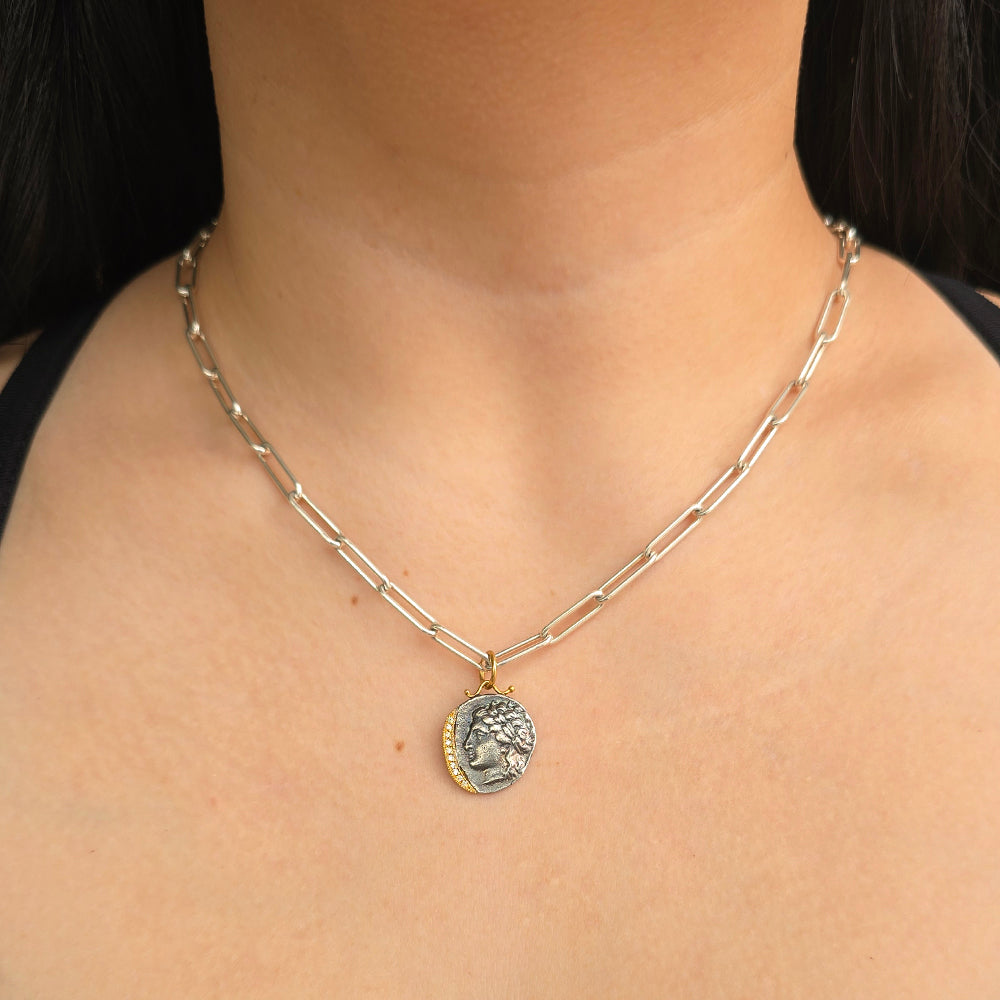 Diamond, Yellow Gold & Silver Coin Pendant - "Goddess of the Hunt"