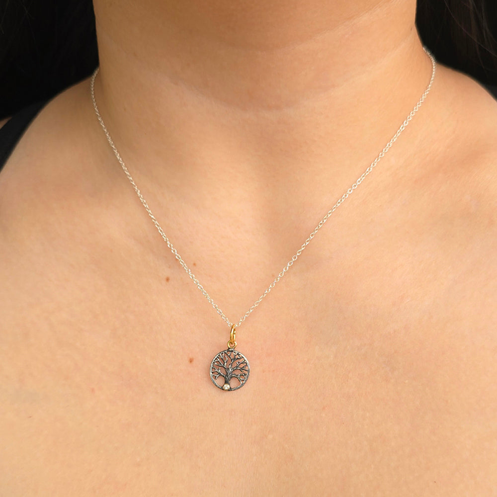 Diamond, Silver & Yellow Gold Pendant - "Tree of Life"