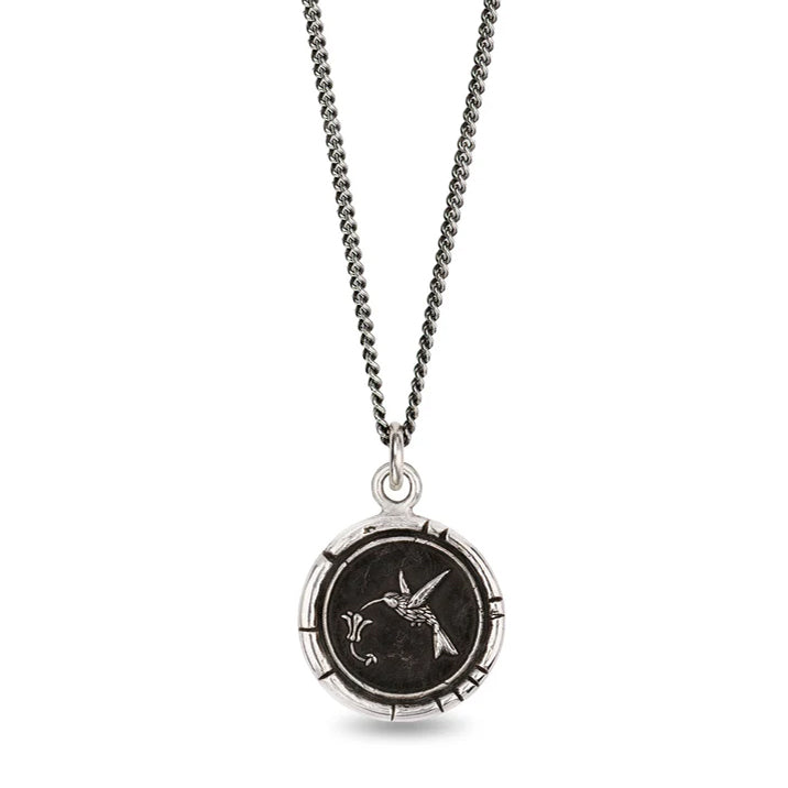 Hummingbird talisman necklace by Pyrrha in sterling silver