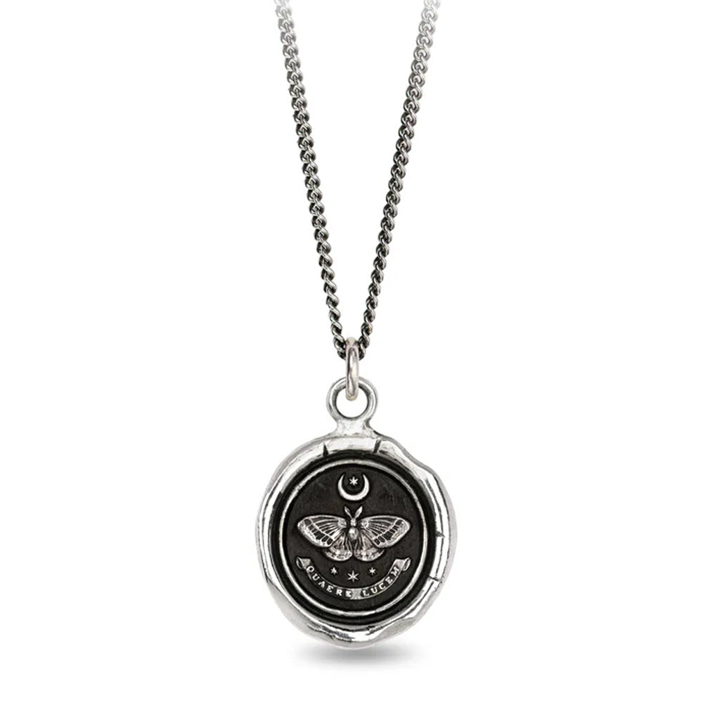Seek the Light moth talisman necklace by Pyrrha in recycled sterling silver