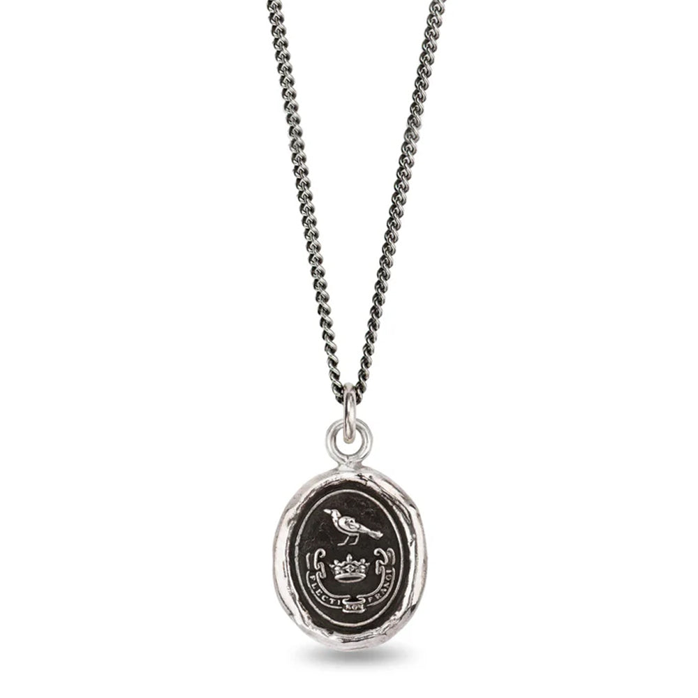 Unbreakable raven talisman necklace by Pyrrha in antiqued sterling silver
