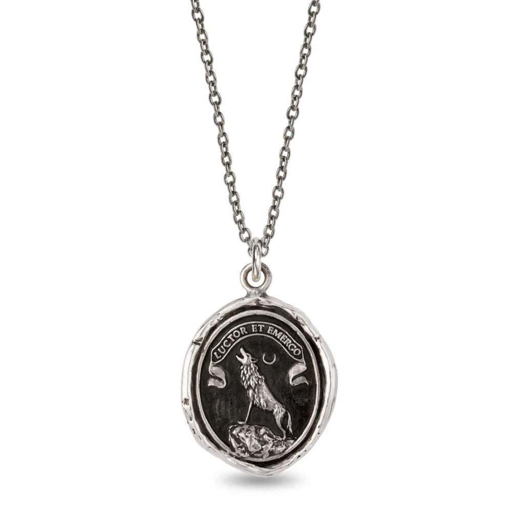 Wolf and moon talisman necklace by Pyrrha in sterling silver