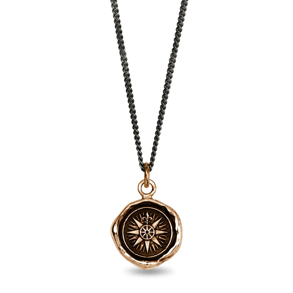 Direction compass talisman necklace by Pyrrha in bronze and sterling silver
