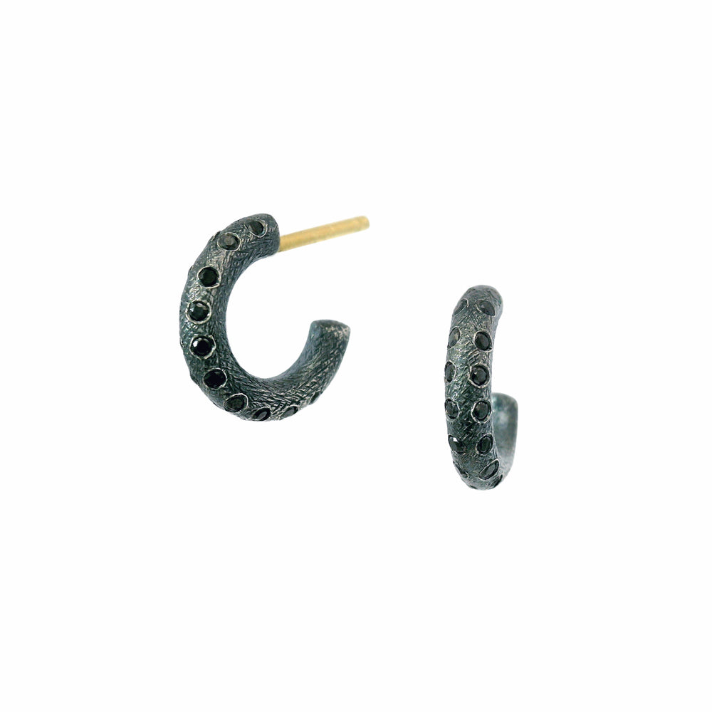 Gypsy black diamond semi-hoop earrings by René Escobar in oxidized silver