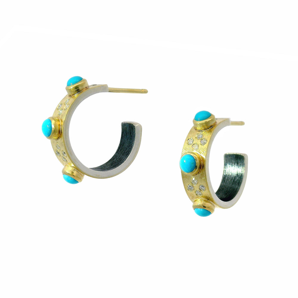 Oxidized Silver & Gold Semi Hoops with Turquoise "Daphnie"