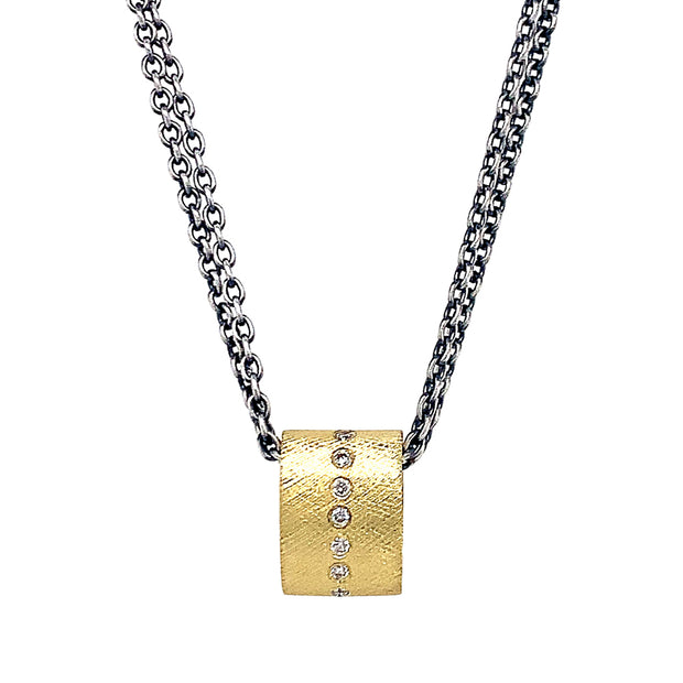 Rene Escobar 18K Yellow Gold Oval Diamond Pendant with Sterling Silver Double-Strand Cable Chain Close Up