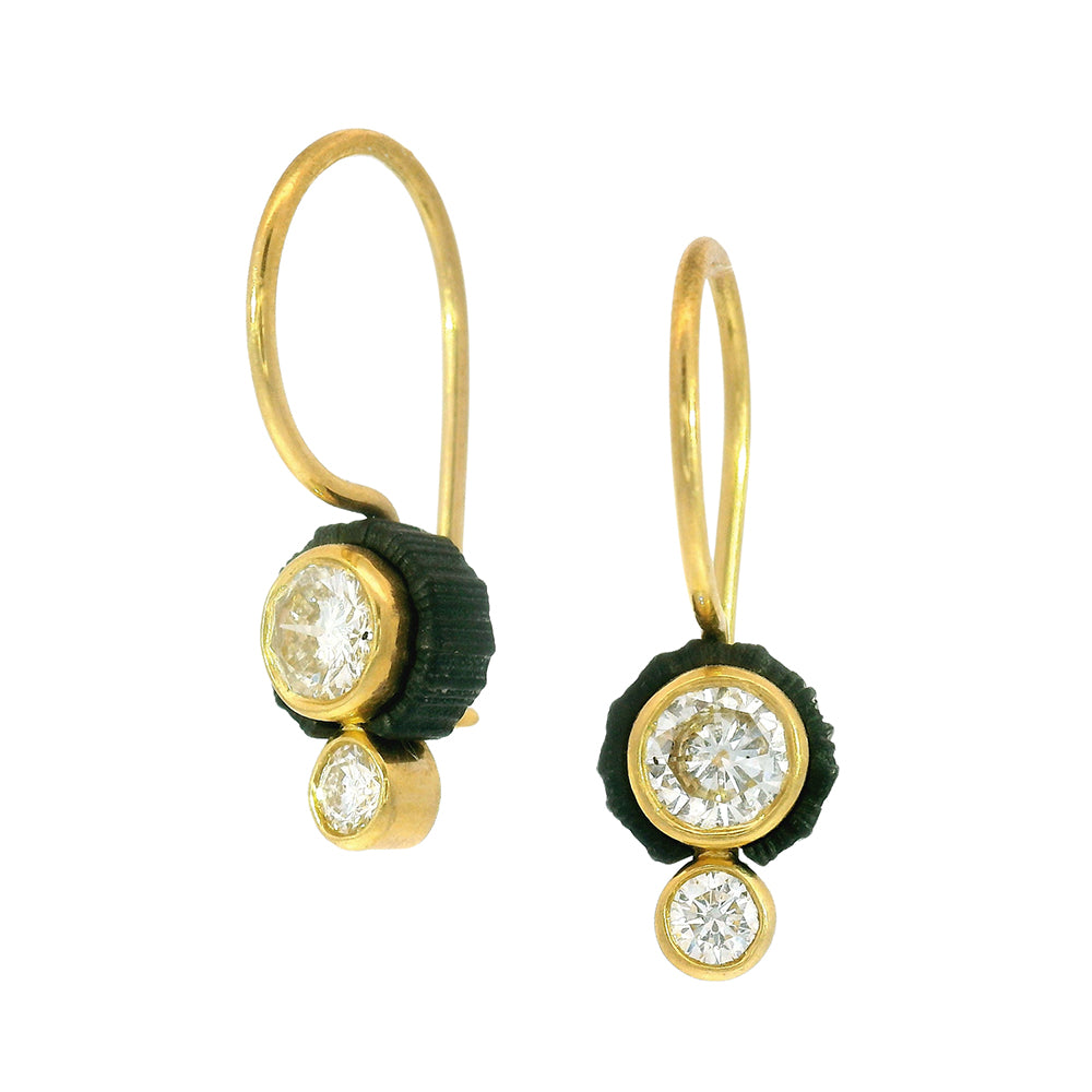 Chroma diamond drop earrings by Sarah Graham in gold and cobalt chrome