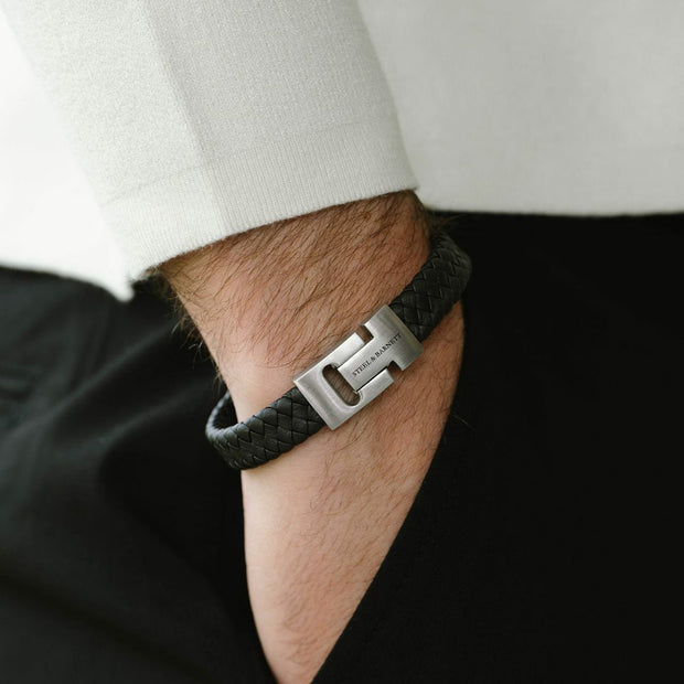 "Harrison" Black Braided Leather Bracelet by Steel & Barnett