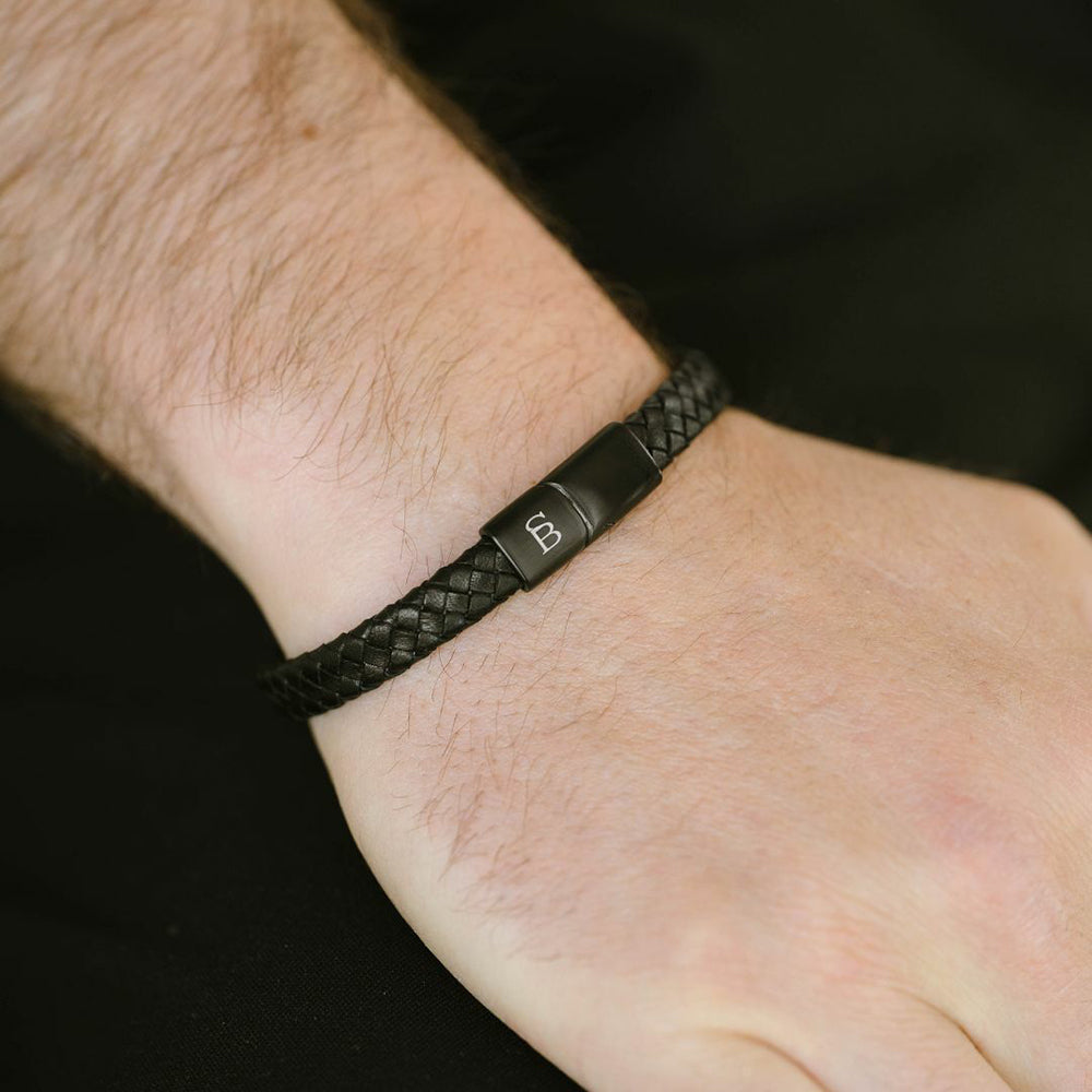 Black Leather & Stainless Steel Bracelet - "Riley"