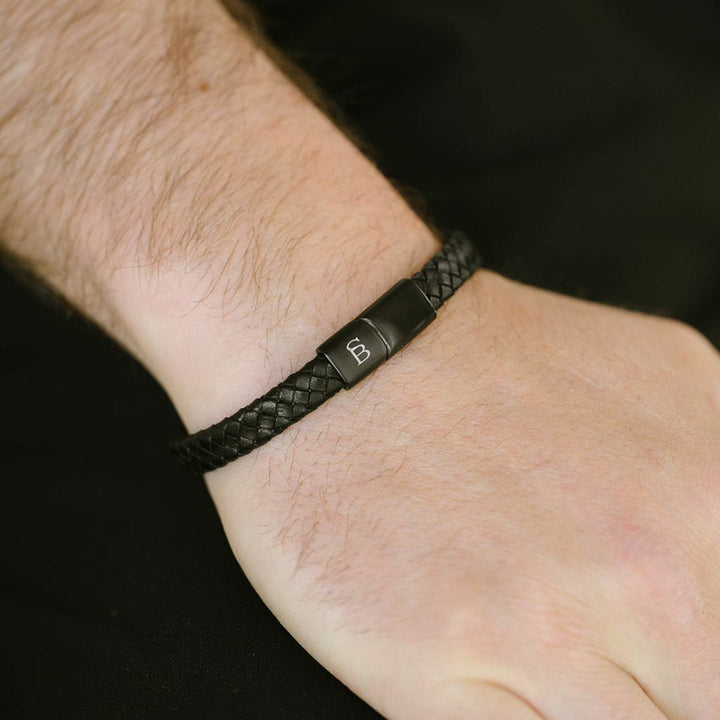 Black Leather & Stainless Steel Bracelet - "Riley"