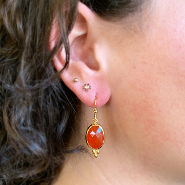 Gold Vermeil Oval Red Onyx Drop Earrings - "Blood Orange"