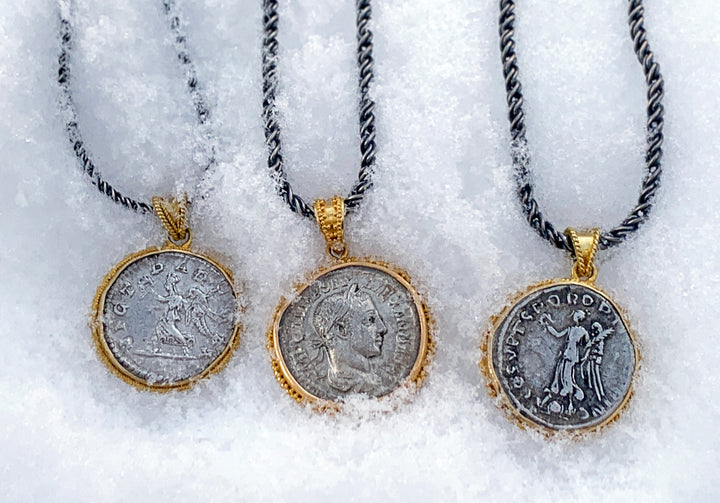 Yellow Gold & Ancient Denarius Coin Pendant - "Caracalla"
